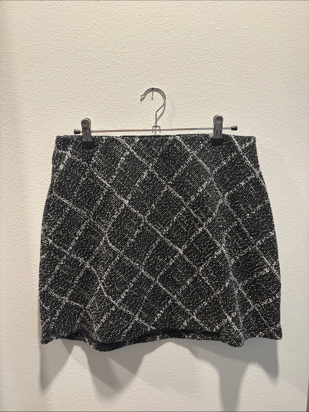 Mango Black & White Tweed Diamond-Grid Mini Skirt